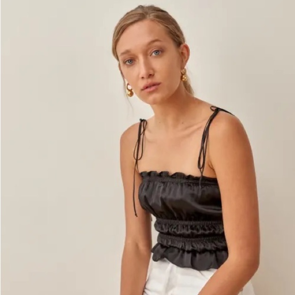 Reformation Viviana Shirred Top in Black Silk Size Small